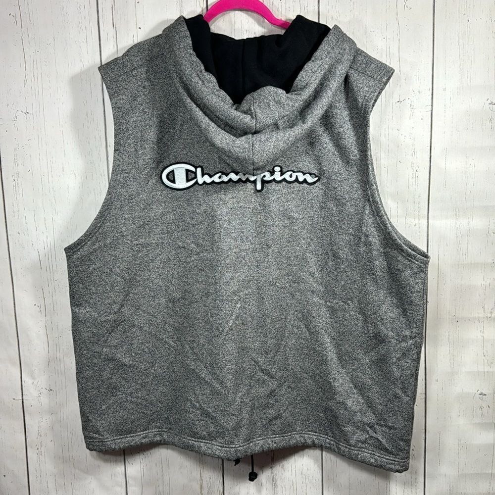 Champion Vintage Mens Sleeveless Hooded Zip Up Gray Black Athletic Vest